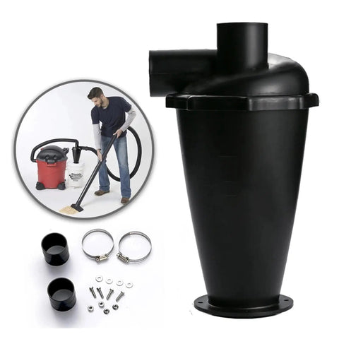 Industrial Cyclone Dust Collector For Vacuum And Woodworking High Efficiency Separator With Flange Premium Vacuum Filter Removes Up To 90 Percent Of Particles Over 5 Micrometers Ideal For Home And Shop Dust Control in black plastic with accessories.