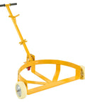 Heavy Duty 55 Gallon Oil Drum Hand Truck Hauler 1200 Lb Capacity Steel Barrel Roller Cart with yellow frame and PU wheels.