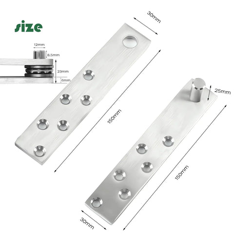 Hidden Door Pivot Hinges With 360 Degree Rotation Heavy Duty Stainless Steel That Holds Up To 100kg 220lbs, dimensions shown.