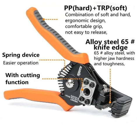 Durable Wire Stripper And Cutter Tool For 8 20 AWG Solid And 10 22 AWG Stranded Wire With Precision Stripping Holes shown in orange and black