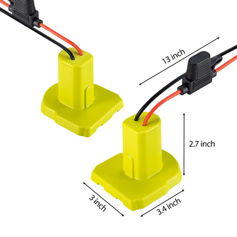 Upgraded Power Wheel Adaptor For Ryobi 18V Batteries With 30A Fuse and wires, dimensions included for RC projects.