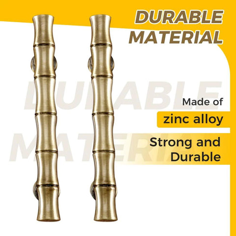 Five Pack Bamboo Shape Drawer Pulls in Antique Brass Finish, 4.21 Inch Long Zinc Alloy, highlighting durability and material.