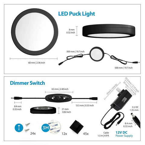 Diagram showing dimensions of Under Cabinet LED Puck Lights With Dimmer Switch, Dimmable Setup, 12-Pack Black Round Under Counter Lighting.
