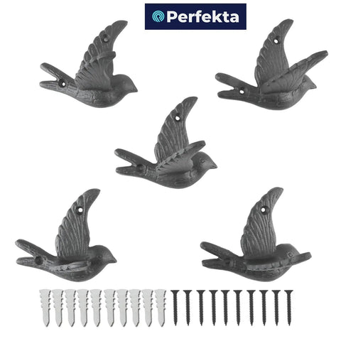 Straight Up Solid Cast Iron Flying Bird Wall Hooks Set Of 5 Rustic Farmhouse Coat Pegs For Entryway Bathroom Bedroom To Snag Keys Towels Hats And Bags With Screws displayed with mounting screws.