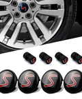 54mm S Logo Wheel Center Cap Set For Mini Cooper Clubman Countryman Paceman Premium ABS Material Durable Wheel Center Covers With A Sleek Chrome Finish Easy To Install So You Can Deck Out Your Rims Fast, showing chrome wheel center caps and valve covers.