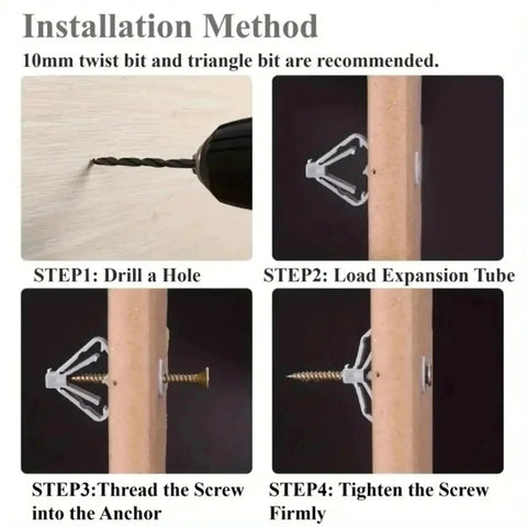 Installation steps for Self Drilling Drywall Anchors Kit For Plasterboard Hollow Walls With Screws showing drill and anchor usage.
