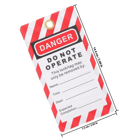 Industrial Safety Lockout Tags Kit 6 Pcs Hanging Do Not Operate Labels in red and white with dimensions shown
