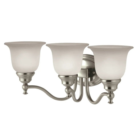 Three Light Brandy Chase Brushed Nickel Bathroom Vanity Light Refurbished and Tested Like New Modern Dimmable Bath Fixture with white glass