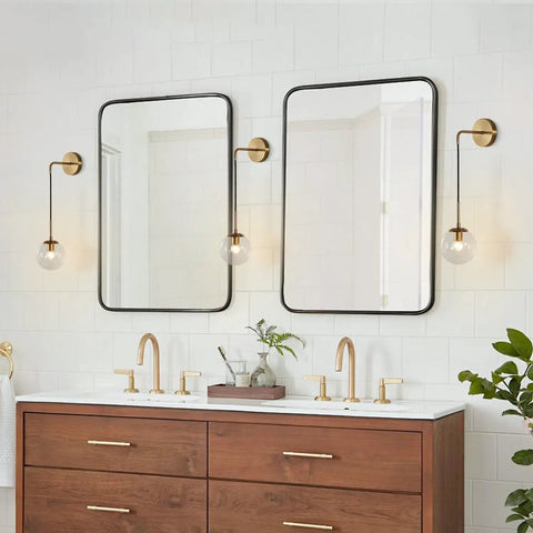 Mid Century Modern Globe Wall Sconce in Brushed Brass Gold with Clear Glass Bubble Ball Bathroom Vanity Light Fixture