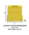 Unfilled 20 Padlocks Lockout Station with Cover for Padlocks, dimensions labeled, yellow polycarbonate, industrial use.