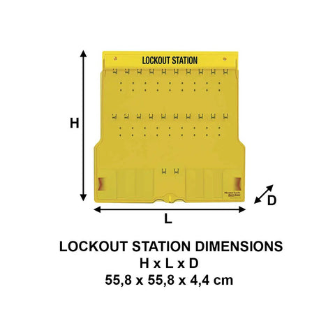 Unfilled 20 Padlocks Lockout Station with Cover for Padlocks, dimensions labeled, yellow polycarbonate, industrial use.