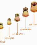 Rivet nuts set with five knurled flat-head carbon steel inserts in UNC sizes 8-32 to 3/8-16.