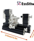 60W High Power Mini Metal Lathe Machine 12000 RPM 4 Axis Desktop Turning Tool showing detailed components and dimensions.