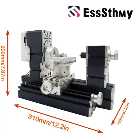 60W High Power Mini Metal Lathe Machine 12000 RPM 4 Axis Desktop Turning Tool showing detailed components and dimensions.