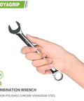 Hand holding Half Inch Wrench With 15 Degree Offset And 12 Point Box End Industrial Grade Chrome Vanadium Steel Mirror Polished Finish