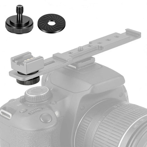 Two Pack Thumb Screw Camera Quick Release Adapter 1/4-20 Female To Male Thumbscrew with rubber pads and anti-slip washers on a camera mount.
