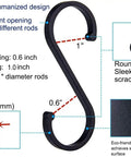Heavy Duty S Shaped Hooks Matte Black 20 Pack for Hanging Pots and Pans with size and design details, rust-resistant aluminum.