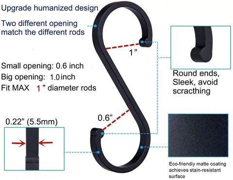 Heavy Duty S Shaped Hooks Matte Black 20 Pack for Hanging Pots and Pans with size and design details, rust-resistant aluminum.