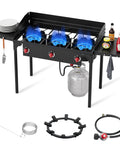 Three Burner Propane Stove with 225000 BTU High Pressure Output for Camping and Backyard, Outdoor Gas Stove with Windscreen and Side Shelves