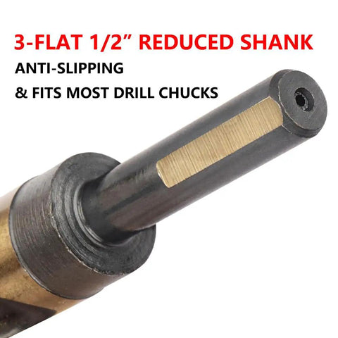 Close-up of 3-flat 1/2 inch reduced shank on One And Three Eighth Inch Cobalt Drill Bit HSSCO High Speed Steel M35 SD Twist Drill Bit
