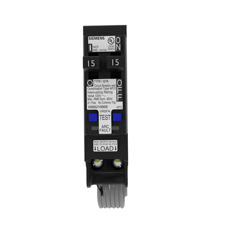 15 Amp 120 Volt Tandem CAFCI Type QTA Circuit Breaker Two Circuits In One 1 Pole LED Trip Indicators front view