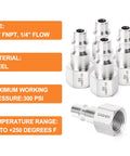 Front view of GASHER 5-pack 304 stainless steel 1/4-inch FNPT air fittings for pneumatic tools