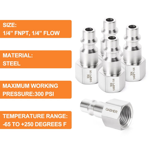 Front view of GASHER 5-pack 304 stainless steel 1/4-inch FNPT air fittings for pneumatic tools