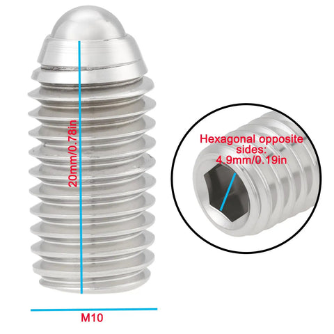 Close-up of 20 Pack M10x20 Ball Point Set Screws, 304 Stainless Steel, hexagonal socket and measurements visible.