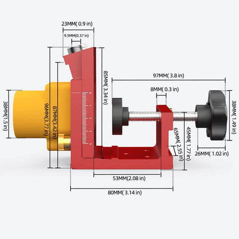 Side view of an adjustable aluminum alloy pocket hole jig with measurement details for metalworking, deck, cabinet, desk, masonry, carpentry, construction assembly.