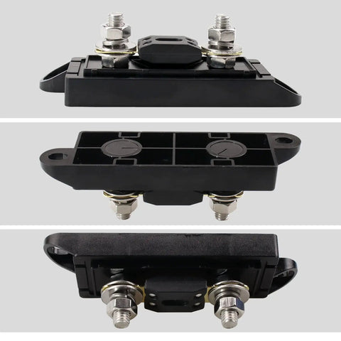 Heavy Duty 175 Amp Bolt Down Fuse Block With Mega Anl Auto Fuse For Ride Ready Rides showing top and side views with mounting ports.