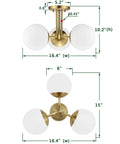 Dimensions of Three Light Aged Brass Semi Flush Mount Ceiling Light Fixture With White Globe Glass, Modern Sputnik Farmhouse Chandelier