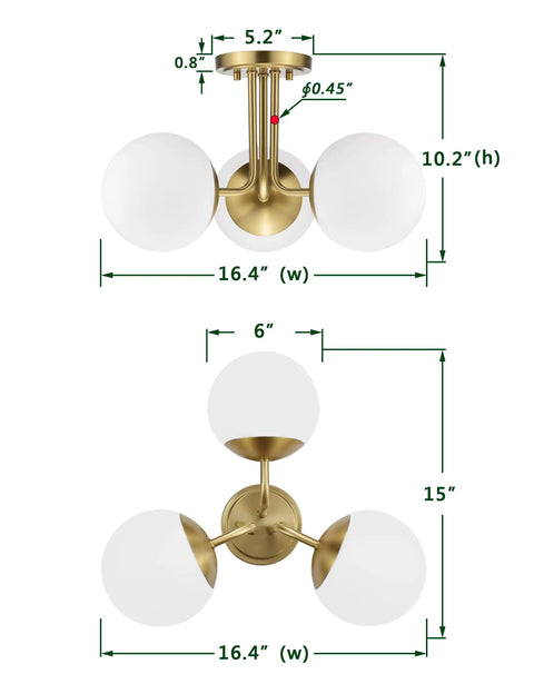 Dimensions of Three Light Aged Brass Semi Flush Mount Ceiling Light Fixture With White Globe Glass, Modern Sputnik Farmhouse Chandelier