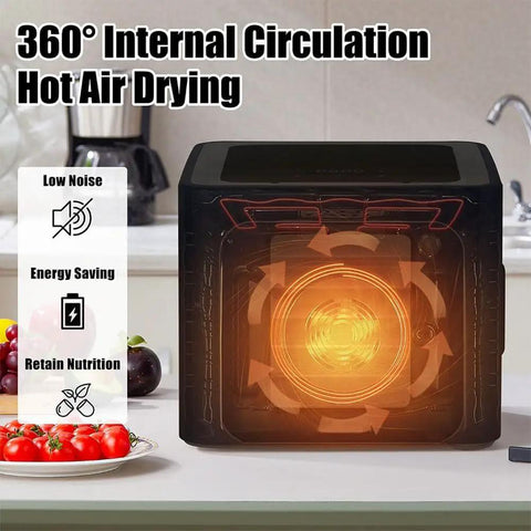 Premium Stainless Steel Food Dehydrator With Led Digital Touch Screen And Adjustable Timer showing 360° internal circulation system.