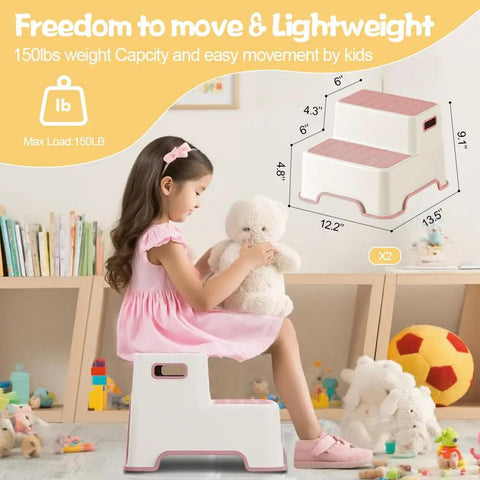 Top Shelf Two Pack Todder Step Stool For Bathroom Sink With Non Slip Rubber Base That Provides Zero Hassle Stability And Helps Kids Grab Their Toothbrush Like A Pro, child using step stool, lightweight design, 150 lb capacity
