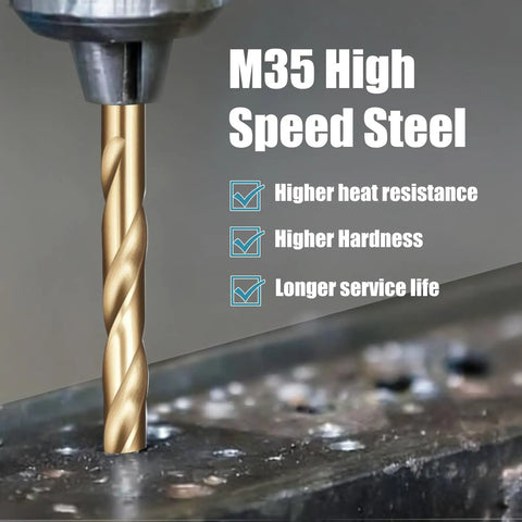Cobalt Drill Bit Set 13 Piece One Sixteenth To One Quarter Inch M35 High Speed Steel drilling into metal, showing heat resistance.