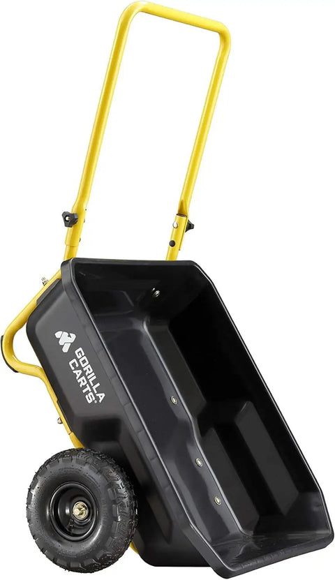 Poly Dump Cart With Foldable Handle 2-Wheel Garden Wagon 4 Cubic Feet Capacity 300 Lb Load Heavy Duty Utility Cart, side view