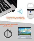 Bluetooth Pet Microchip Reader Handheld Scanner, USB and Bluetooth connections next to a laptop, cable, and concept data transfer.