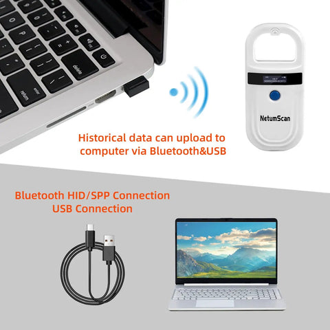 Bluetooth Pet Microchip Reader Handheld Scanner, USB and Bluetooth connections next to a laptop, cable, and concept data transfer.