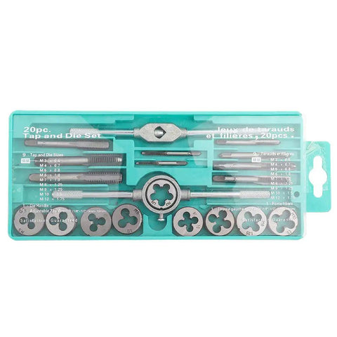 Gototop Heavy Duty Tap And Die Set For M3 To M12 Metric Threads, Alloy Tool Steel Threading Kit Includes Wrenches With Clear Size Markings In Plastic Case For Car Auto Repair And Workshop Hacks. 20-piece kit in teal case with taps, dies, and wrench