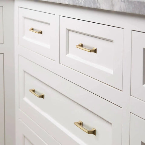 Gold Cabinet Pulls 5 Inch Hole Center Square Drawer Handles For Kitchen Bathroom Bedroom 40 Pack Zinc Alloy Rustproof Durable Modern Hardware With Brushed Gold Tone Finish on white cabinets