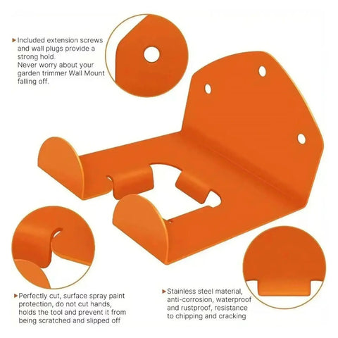 Beefy Wall Mount Trimmer Rack For Weed Eater And Hedge Trimmer, heavy duty steel power tool holder with orange coating and hooks