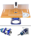 Kickass Aluminum Router Table Insert Plate With Inverted Lifting Base For Shop Benches showing orange plate with lift features and blue base.
