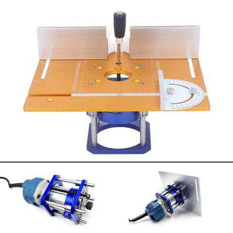 Kickass Aluminum Router Table Insert Plate With Inverted Lifting Base For Shop Benches showing orange plate with lift features and blue base.