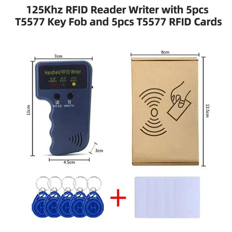 Handheld 125KHz RFID Reader Writer Copy Tool Grab And Go For DIY ID And HID Cards Includes 5 T5577 Key Fobs And 5 T5577 Cards
