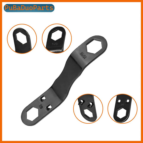 Rugged RV Water Heater Drain Plug Kit With Angled Wrench And PTFE Tape, showing dual head wrench for 7/8 and 15/16 inch plugs.