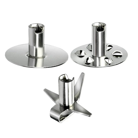 Three stainless steel interchangeable blades for Swiss Made Immersion Hand Blender, designed for blending and chopping.