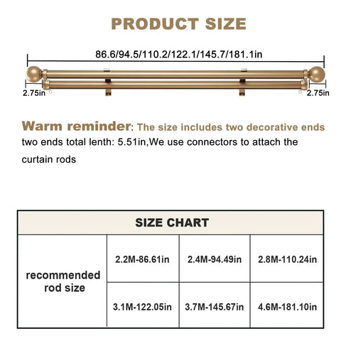 Dual Track Curtain Rod Set With Heavy Duty Aluminum Brackets For Living Room And Bedroom Silent Glide Drapery Rails For Sheer And Blackout Curtains No Fuss Easy Install Modern Finials Durable Window Treatments For Any Window size chart, 86.6-181.1 in