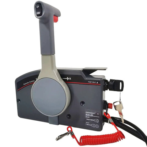 Yamaha Outboard Remote Control Box 10 Pin 16 Ft Cable Side Mount Emergency Lanyard Kill Switch For 703 Series 2 Stroke Engines A Must Have OEM 703-48205-16 Compatible, side view with handle up, red lanyard visible