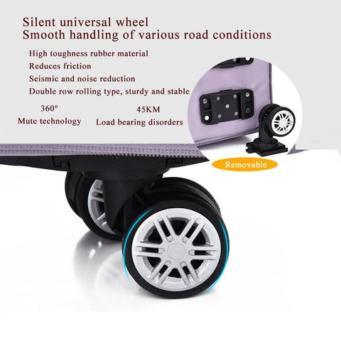 Expandable foldable duffel bag with detachable wheels, purple fabric, wheel close-up.
