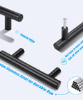 6 Pack Black T Bar Drawer Pulls, 4 Inch Overall, 2-1/2 Inch Hole Center, Stainless Steel, close-up showing design and durability